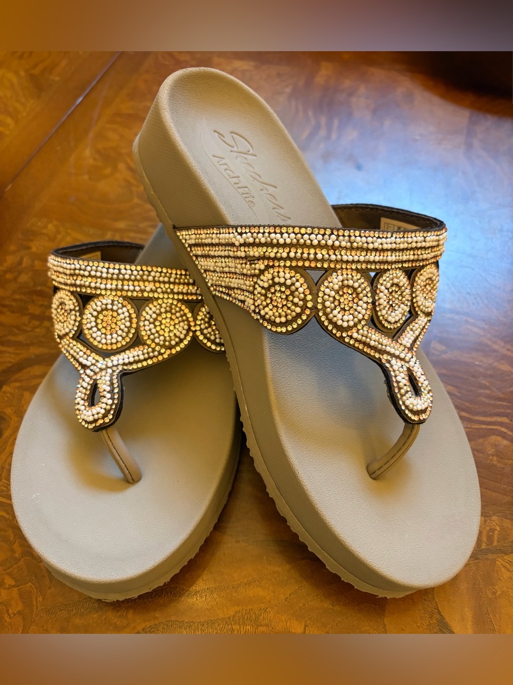 Skechers Taupe Wedge Thong Sandals with Gold Rhinestone Accents